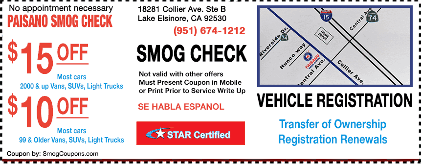 PAISANO SMOG TEST ONLY coupon showing 15 dollar and 10 dollar smog-check discounts